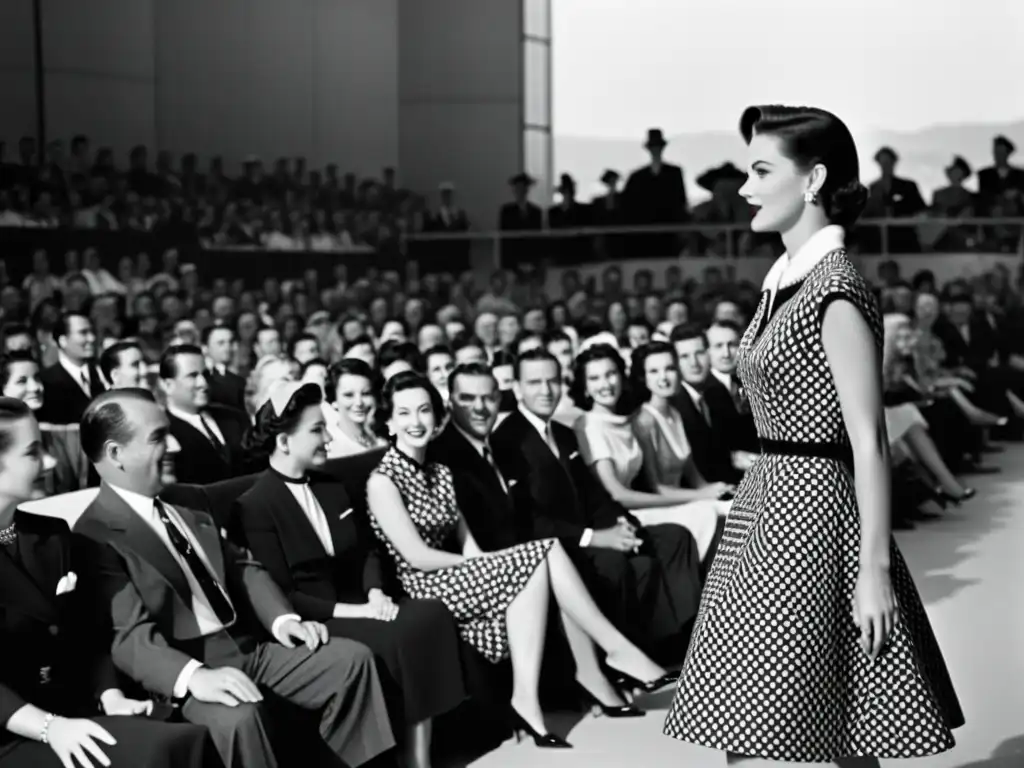 Influencia patrones moda contemporánea: Fotografía en blanco y negro de desfile de moda vintage de los años 50, con modelos y público elegantes