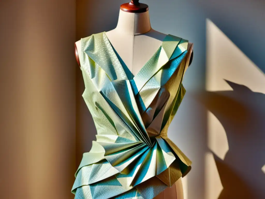 Influencia de los patrones de origami: Fotografía detallada de un lujoso vestido de origami vintage en maniquí, resaltando su precisión y elegancia en suaves pliegues de tela brillante