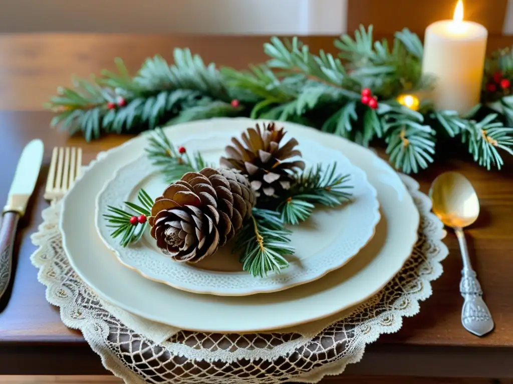 Influencia de patrones naturales en decoraciones festivas: mesa vintage con elementos naturales, encaje antiguo, vajilla vintage y luz de velas