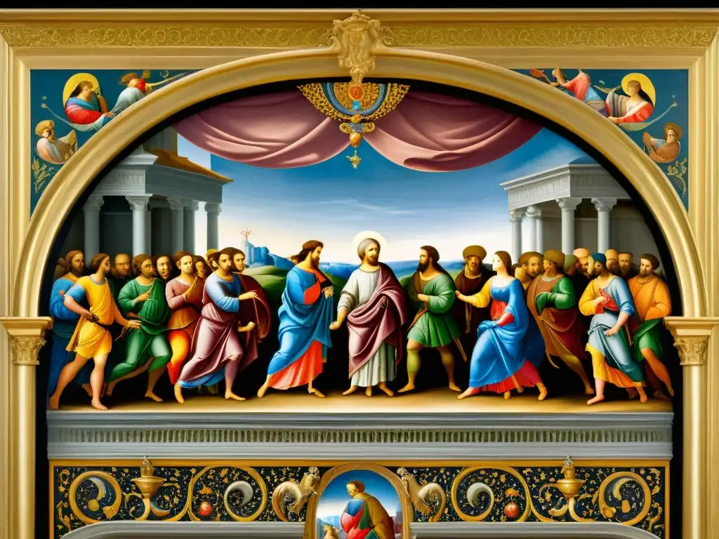 Fresco renacentista detallado: elegancia clásica en alta resolución Influencia de patrones renacentistas en diseño contemporáneo: Detallado fresco renacentista con colores vibrantes, figuras dinámicas y elementos arquitectónicos ornamentados enmarcados en oro