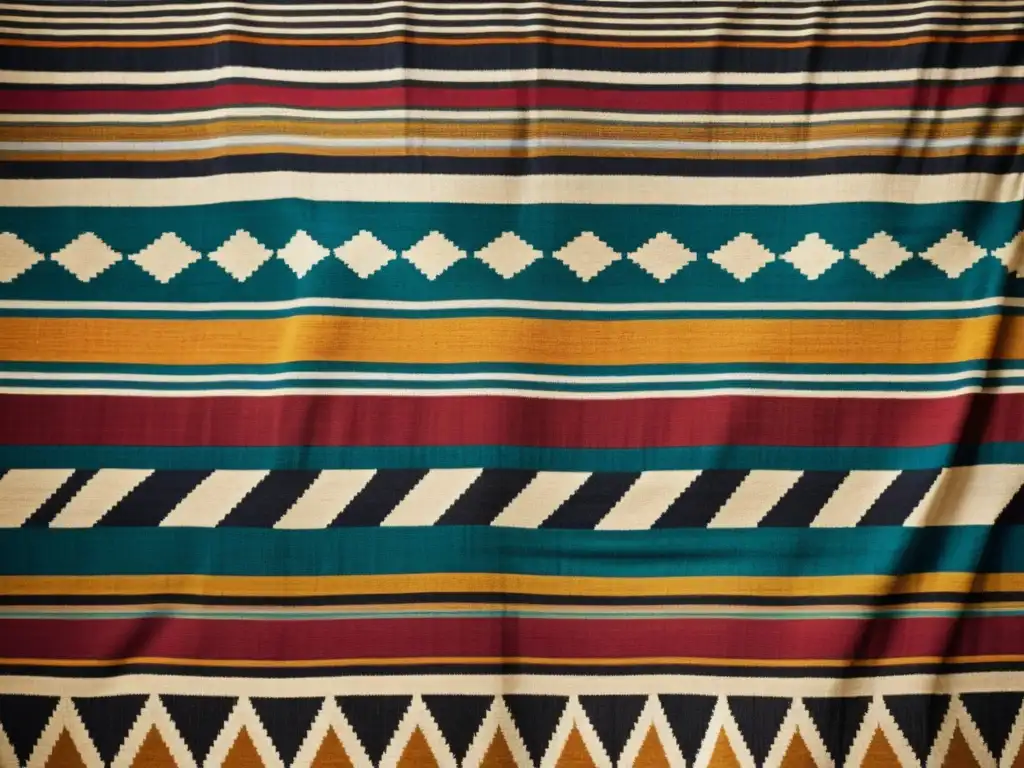 Influencia tejidos incas diseño contemporáneo: Detalle de textil inca con patrones geométricos y colores vibrantes, tejido con técnicas ancestrales