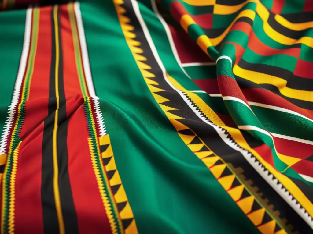 Influencia de textiles africanos en diseño: Detalle de un vibrante tejido Kente con patrones geométricos en tonos tierra, resaltando la artesanía y la rica herencia cultural