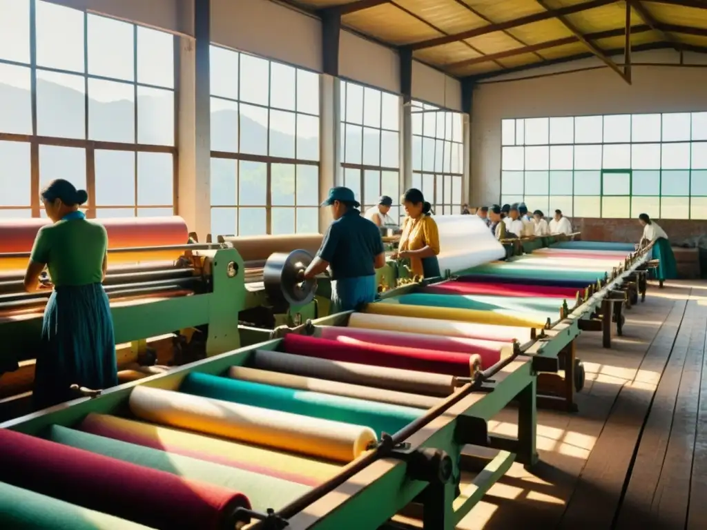 Innovaciones contemporáneas tejidos América Latina: Fotografía vintage de una fábrica textil con trabajadores y máquinas antiguas en medio de rollos de tela colorida