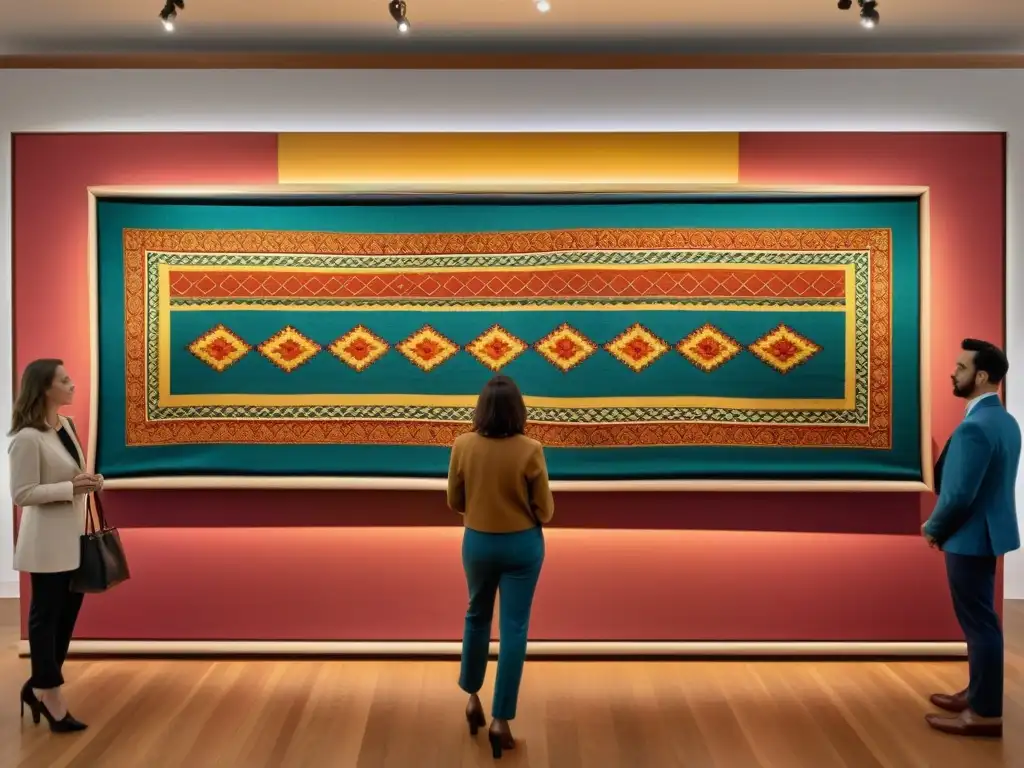 Instalación de arte contemporáneo con patrones textiles vibrantes y colores llamativos, rodeada de espectadores en una galería elegante