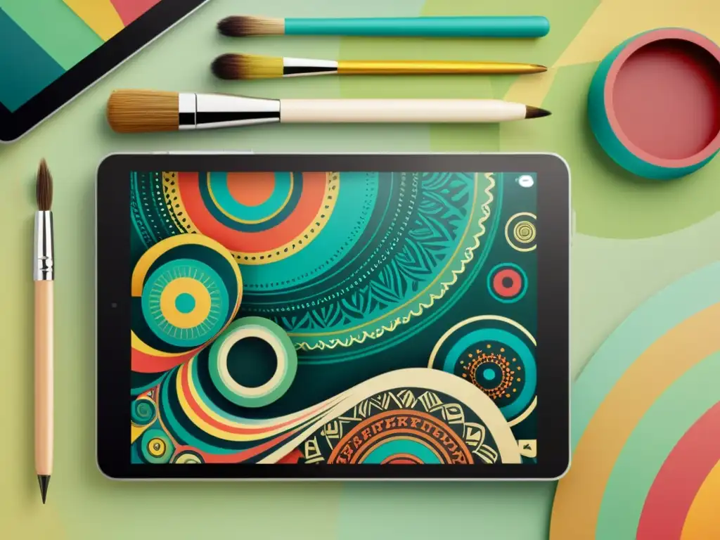 Tablet y smartphone muestran arte digital integrado Integración de patrones artísticos para identidad de marca en dispositivos digitales vintage