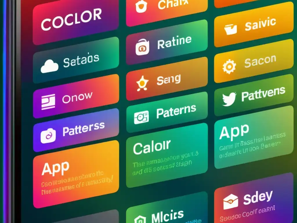 Interfaz de app colorida y detallada con patrones de diseño y elementos modernos