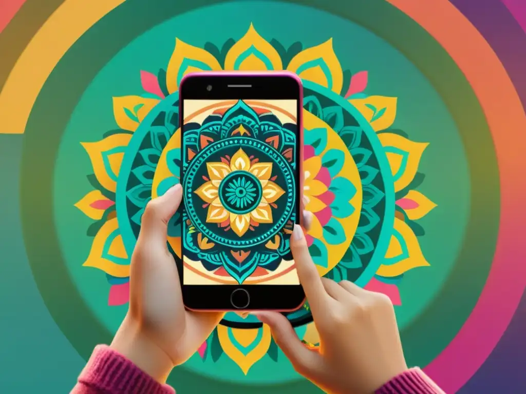 Interfaz de app de realidad aumentada estilo vintage muestra mandala digital sobre mandala tradicional