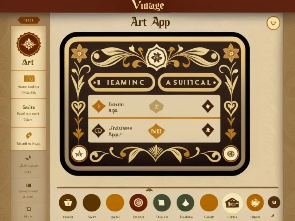 Interfaz de app vintage con símbolos detallados y cálida paleta de colores, evocando arte y significado histórico