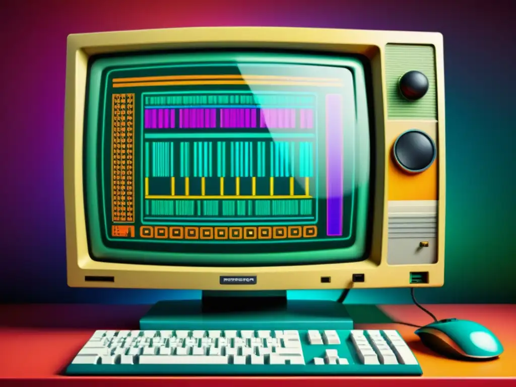 Interfaz de software diseño de patrones culturales del mundo en monitor vintage con estética retro y colores vibrantes