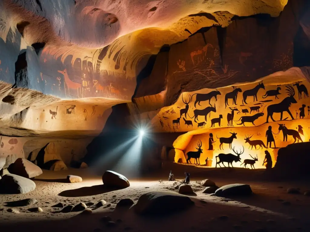 Interior de cueva oscura con pinturas rupestres iluminadas por antorchas