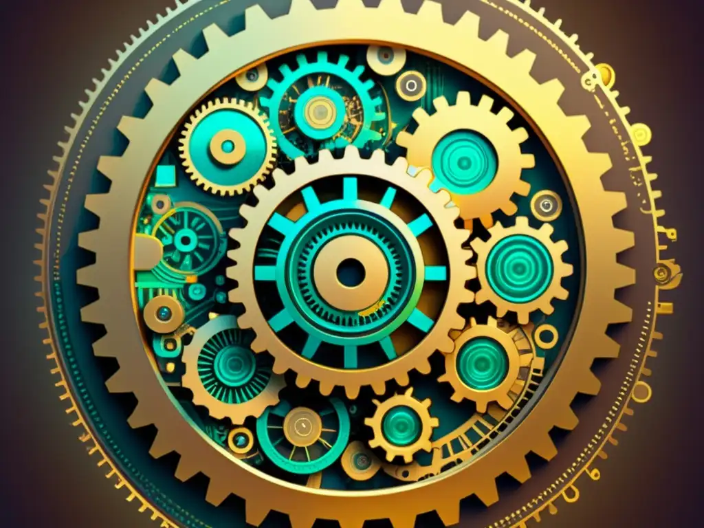 Armonía atemporal: Fusión de engranajes vintage y circuitos digitales Una intrincada fusión de engranajes vintage y patrones digitales, evocando la transformación digital de patrones artísticos globales