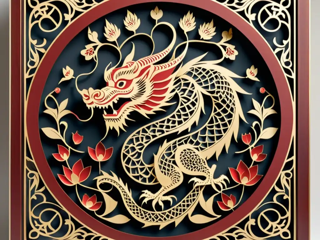 Un intrincado papercutting chino con dragones, flores y patrones geométricos en rojo, dorado y negro