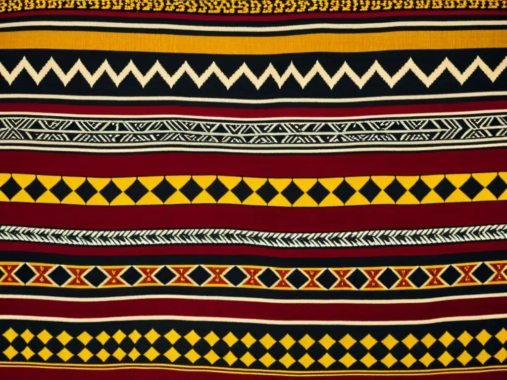 Intrincados patrones del textil Ndop de Camerún en vibrantes tonos terrosos, tejido con maestría y cargado de historia y cultura camerunesa