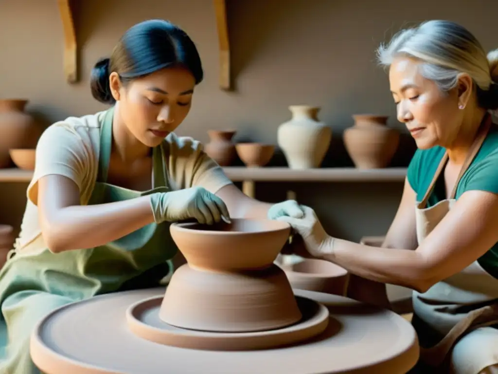 Escultores de cerámica internacionales en acción: arte y dedicación Inversión en artistas ceramistas internacionales reunidos alrededor de un torno de alfarería, modelando piezas únicas con arcilla