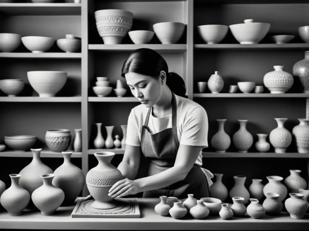 Maestro ceramista esculpe con pasión en su estudio Inversión en artistas ceramistas internacionales: Escena evocadora de un artista trabajando en su estudio rodeado de cerámica artesanal