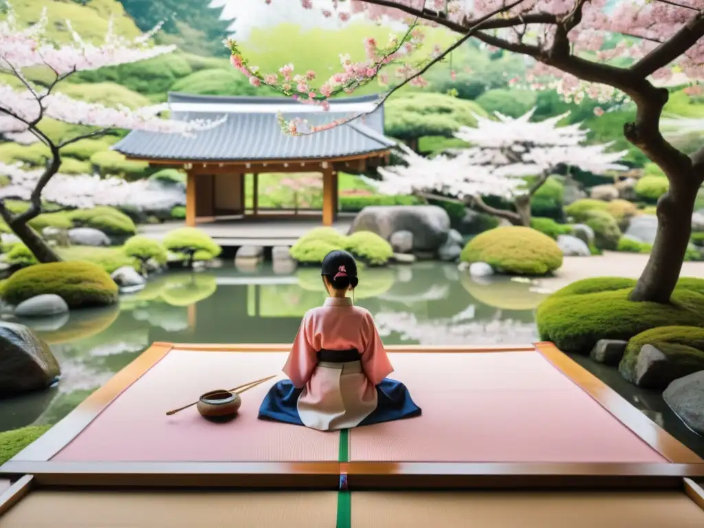 Un jardín japonés sereno con pintura tradicional japonesa patrones, rodeado de árboles de cerezo en flor