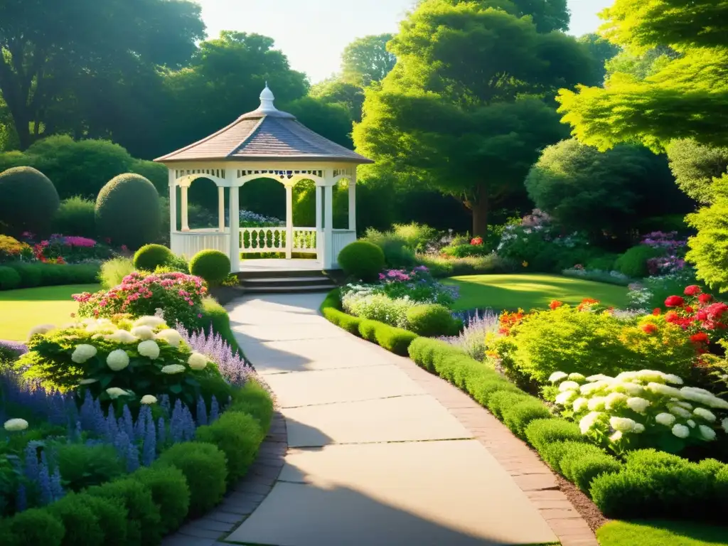 Un jardín sereno y soleado con un sendero serpenteante entre flores vibrantes y un cenador acogedor