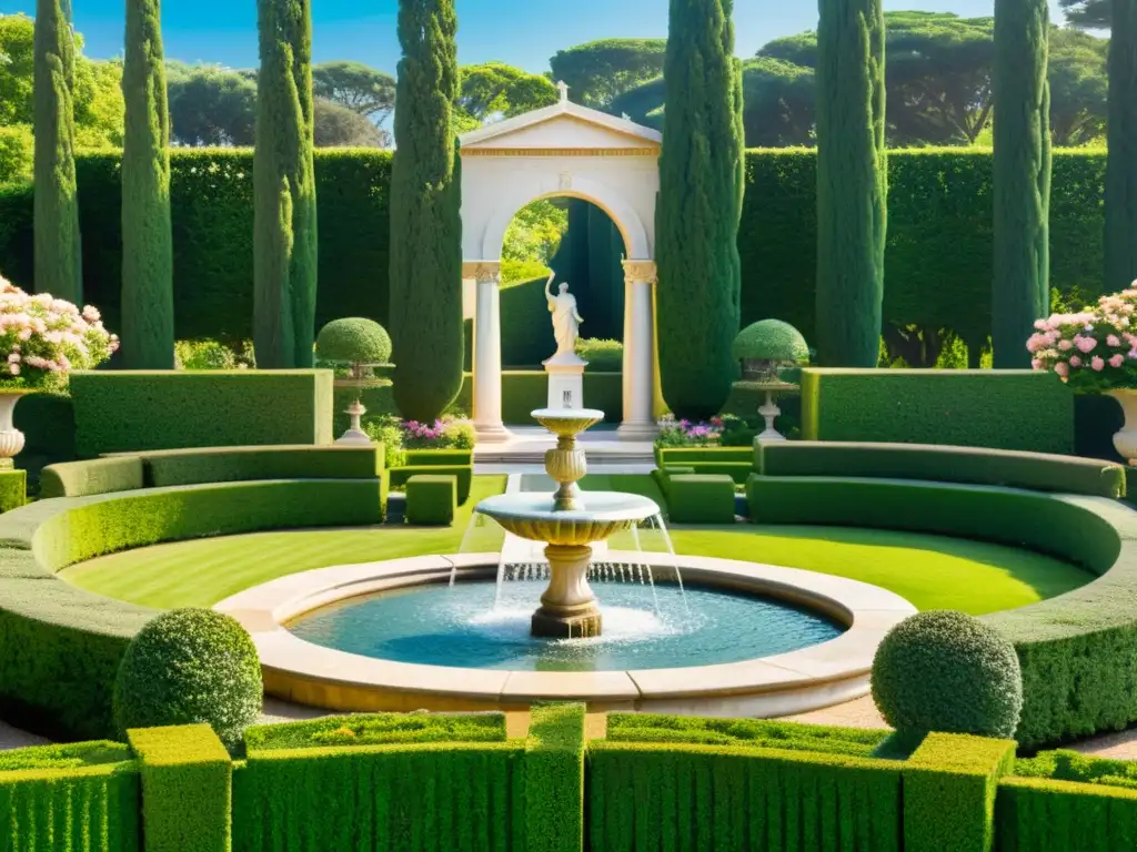 Jardinería inspirada en diseños greco-romanos: Jardín vintage con estatuas, columnas y fuente, rodeado de exuberante vegetación y flores vibrantes