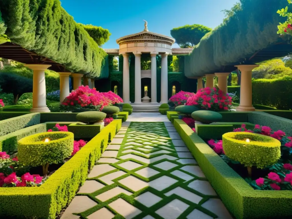 Jardinería inspirada en diseños greco-romanos: Jardín exuberante con senderos serpenteantes y columnas de piedra, plantas emblemáticas y luz cálida