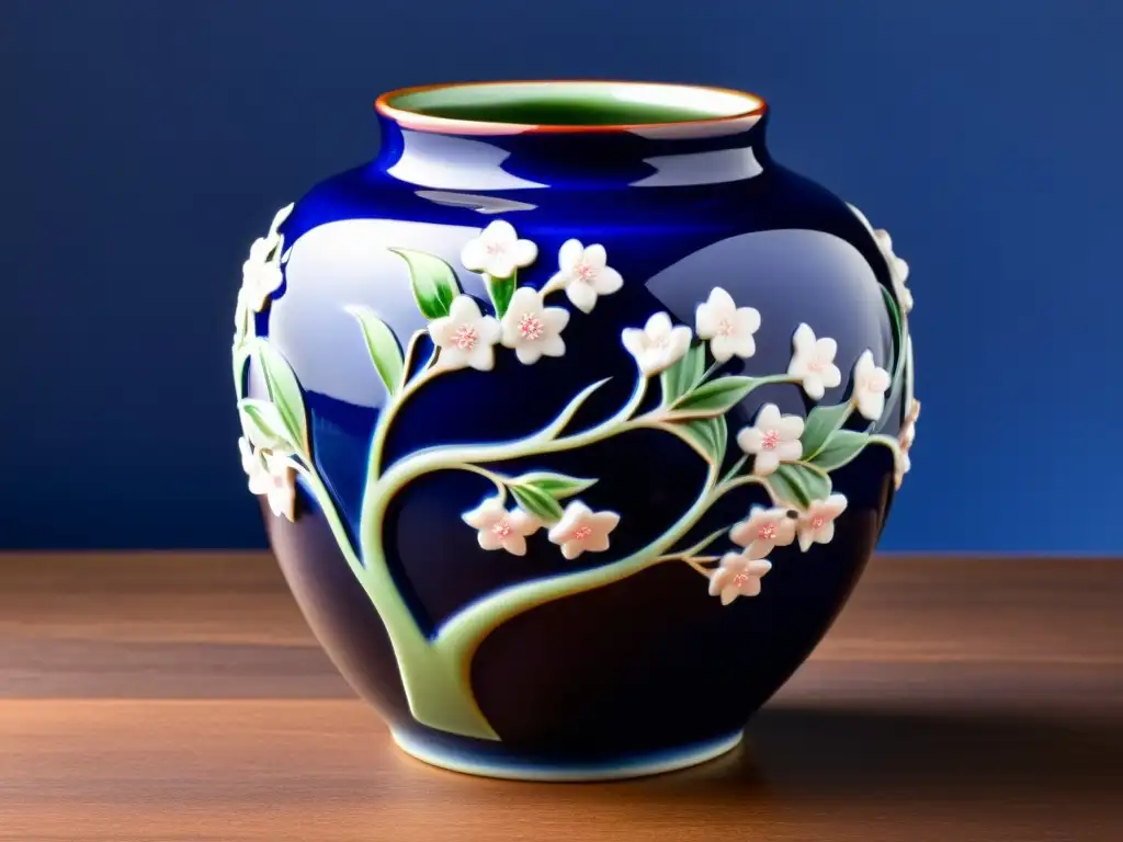 Un jarrón de porcelana asiática con detalles de cerezos en flor, contrastando tonos vibrantes sobre un fondo azul cobalto