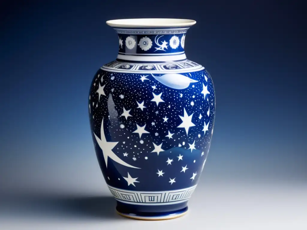 Jarrón de porcelana asiática vintage con representaciones celestiales en azul y blanco, evocando una atmósfera etérea y cautivadora