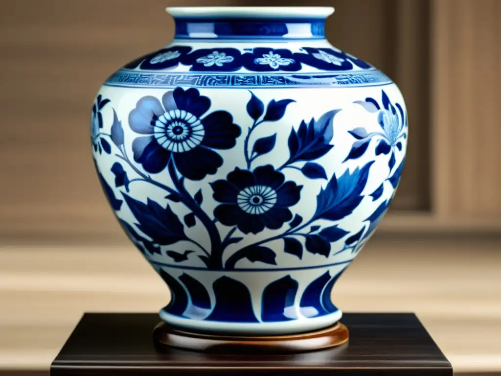 Un jarrón de porcelana de la dinastía Ming con patrones florales azules y blancos, descansa sobre un pedestal de madera