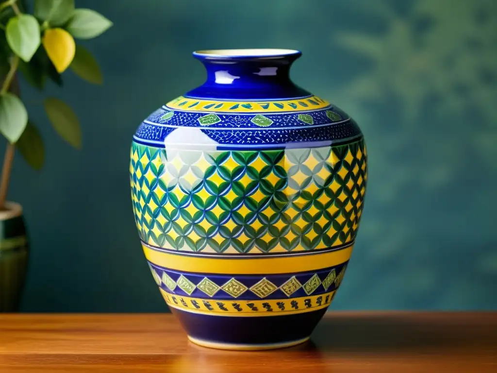 Un jarrón vietnamita de cerámica vintage con diseños tradicionales en azul, verde y amarillo