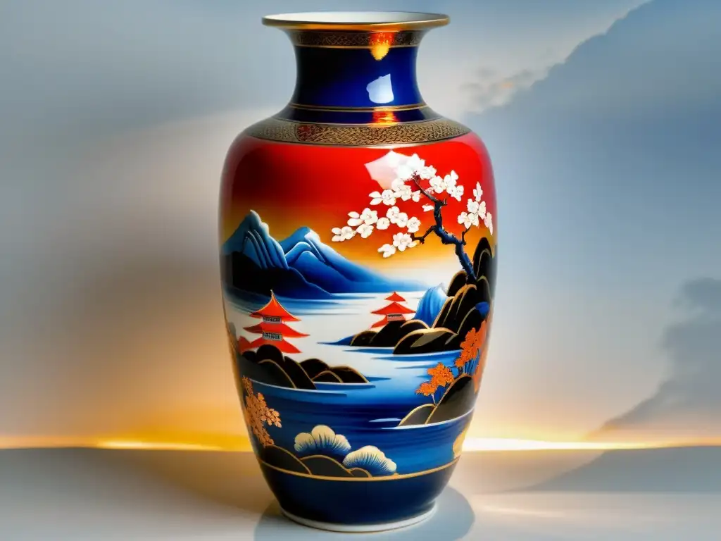 Jarrón de porcelana Kutani: paisaje japonés en rojo, azul y oro Un jarrón vintage de porcelana Kutani con detalles pintados a mano en rojo, azul y dorado