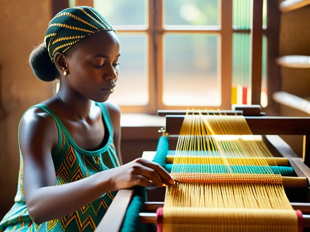 Joven artista transformando tejidos africanos con destreza, en un telar vintage con hilos vibrantes