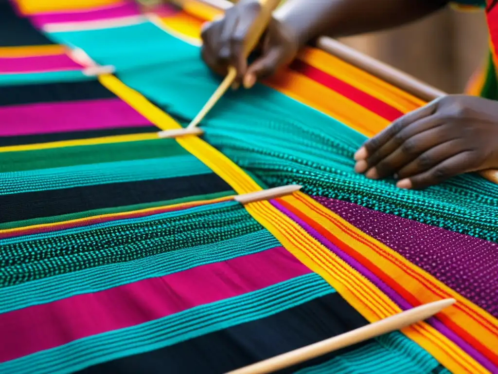 Joven diseñadora tejiendo en telar tradicional, fusionando tradición e innovación en la evolución textil africana