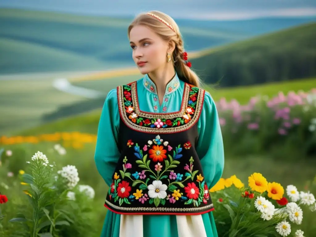 Una joven viste un sarafán ruso con bordados y colores vibrantes en un escenario campestre