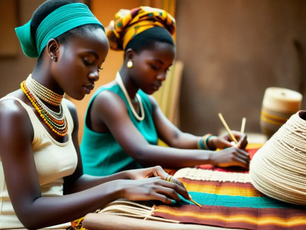 Jóvenes artistas transformando tejidos africanos con pasión y destreza, en una imagen vintage de gran resolución