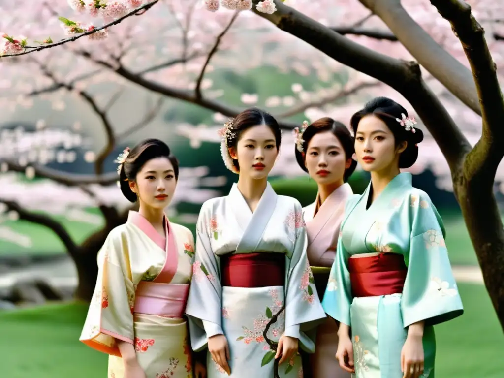 Jóvenes mujeres elegantemente vestidas con kimonos tradicionales, junto a un deslumbrante árbol de cerezo en flor