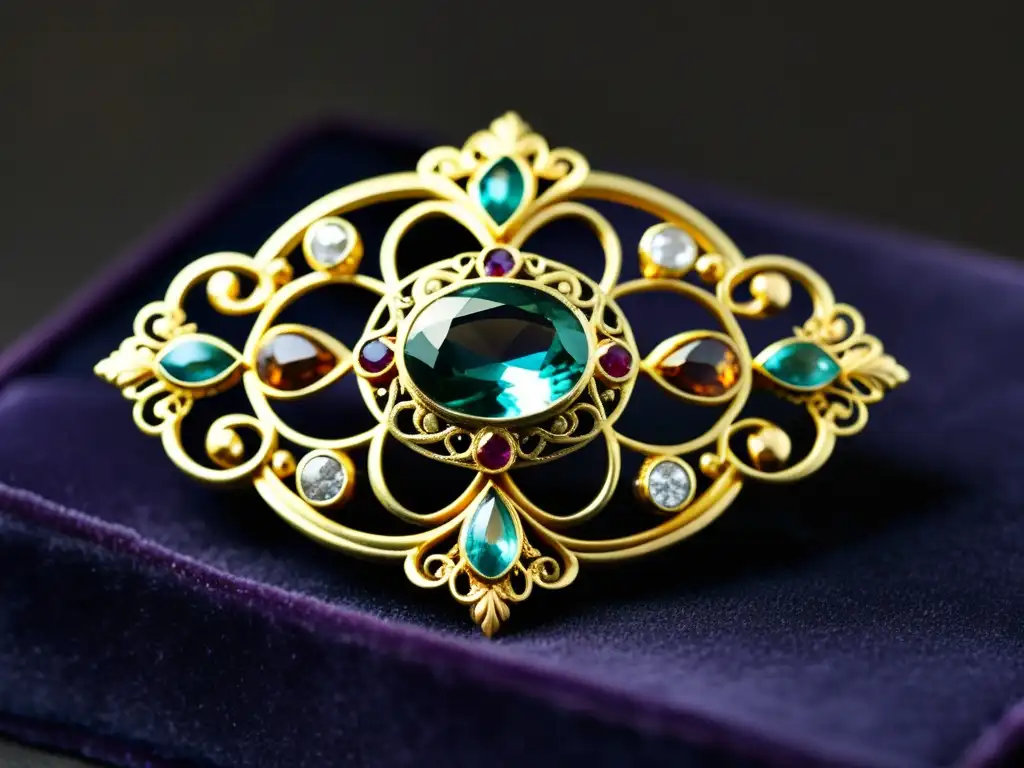 Una joya Art Nouveau vintage con patrones artísticos en joyería, filigranas delicadas y gemas brillantes sobre terciopelo oscuro