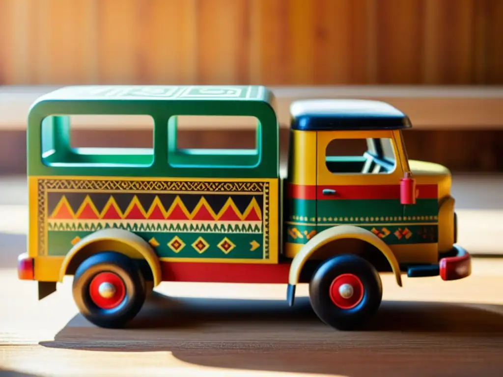 Camión de juguete étnico vintage Un juguete de madera vintage con diseños étnicos pintados, bañado por la cálida luz del sol