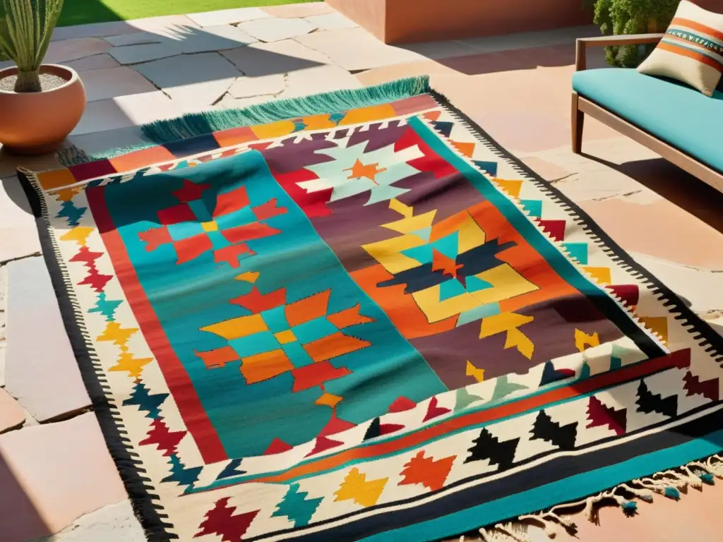 Un kilim anatolio con patrones vibrantes y complejos en una terraza soleada, evocando elegancia atemporal y tradición en el mundo del arte