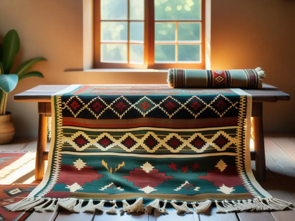 Un kilim tradicional descansa sobre una mesa de madera rústica, bañado por la cálida luz del sol