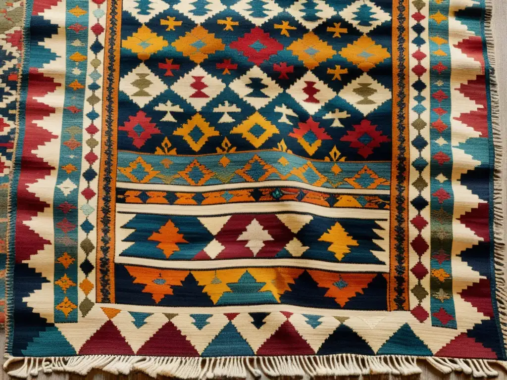 Un kilim turco tejido a mano, con patrones geométricos y colores vibrantes