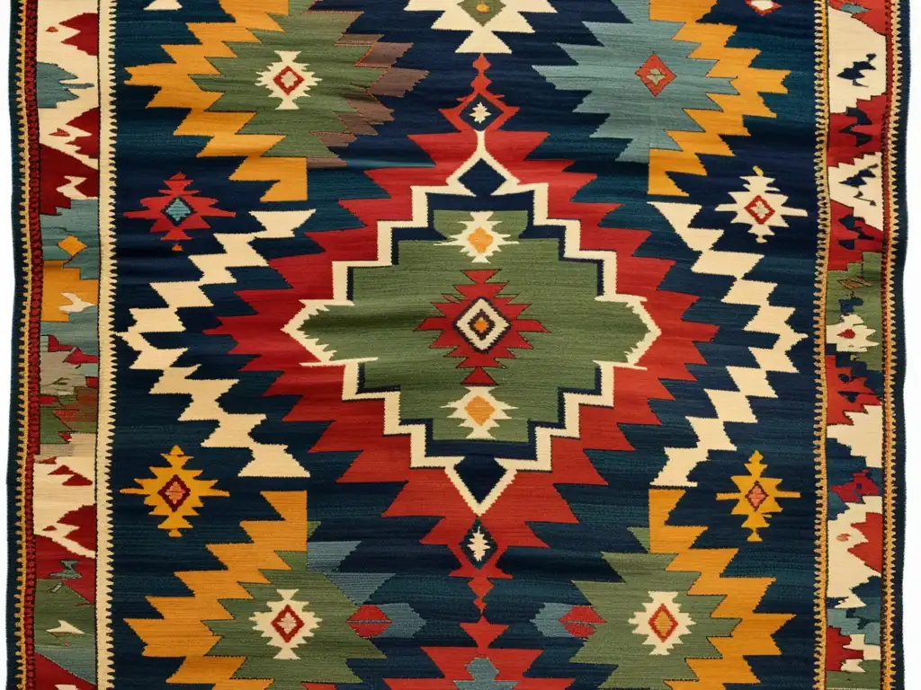 Un kilim turco vintage con patrones geométricos y colores terrosos, muestra la elegancia atemporal de los patrones de kilims en Turquía