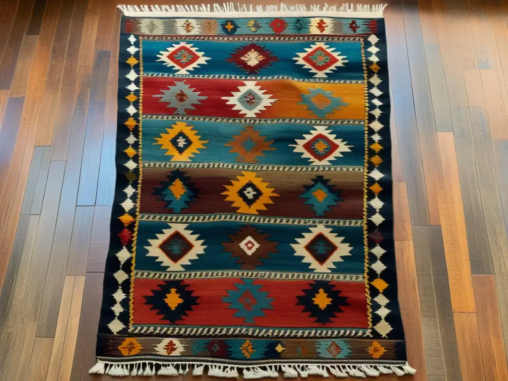 Un kilim turco vintage con patrones geométricos en tonos tierra, tejido con técnicas tradicionales, en un suelo de madera envejecida