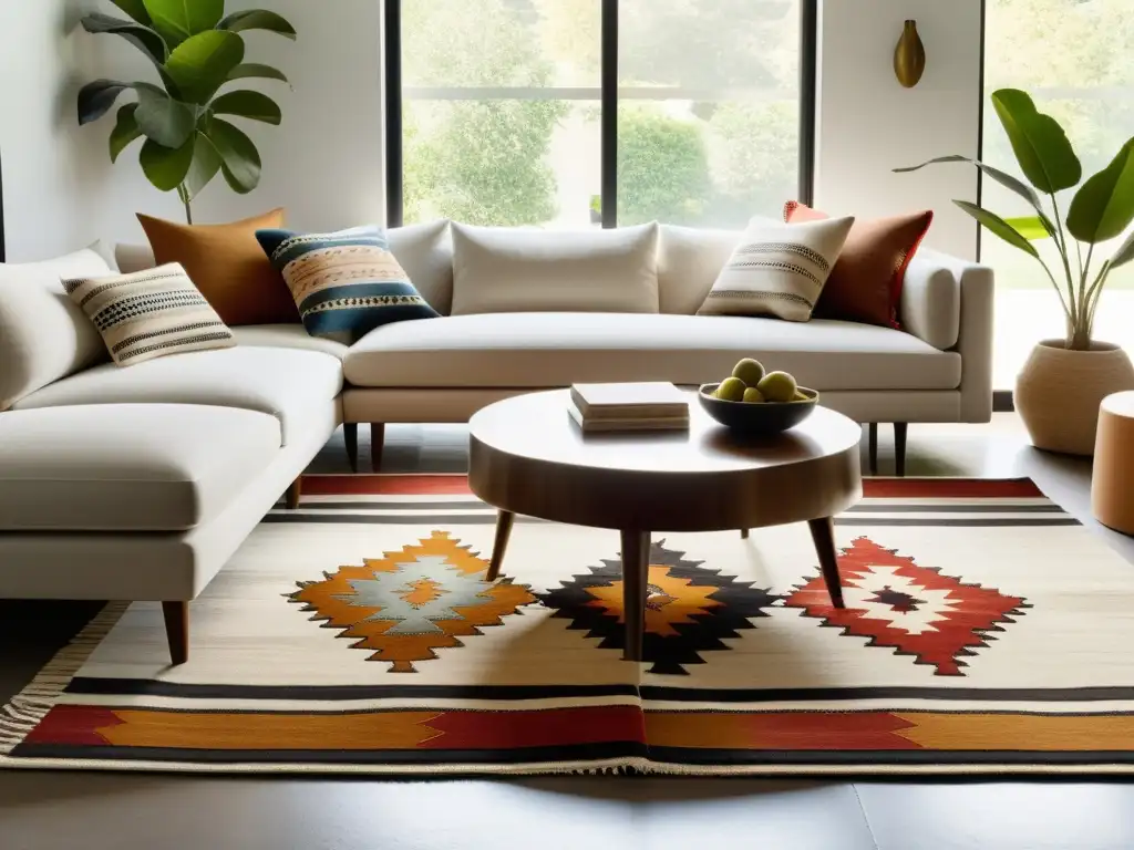 Un kilim turco vintage destaca en un salón minimalista, fusionando texturas turcas en diseño moderno