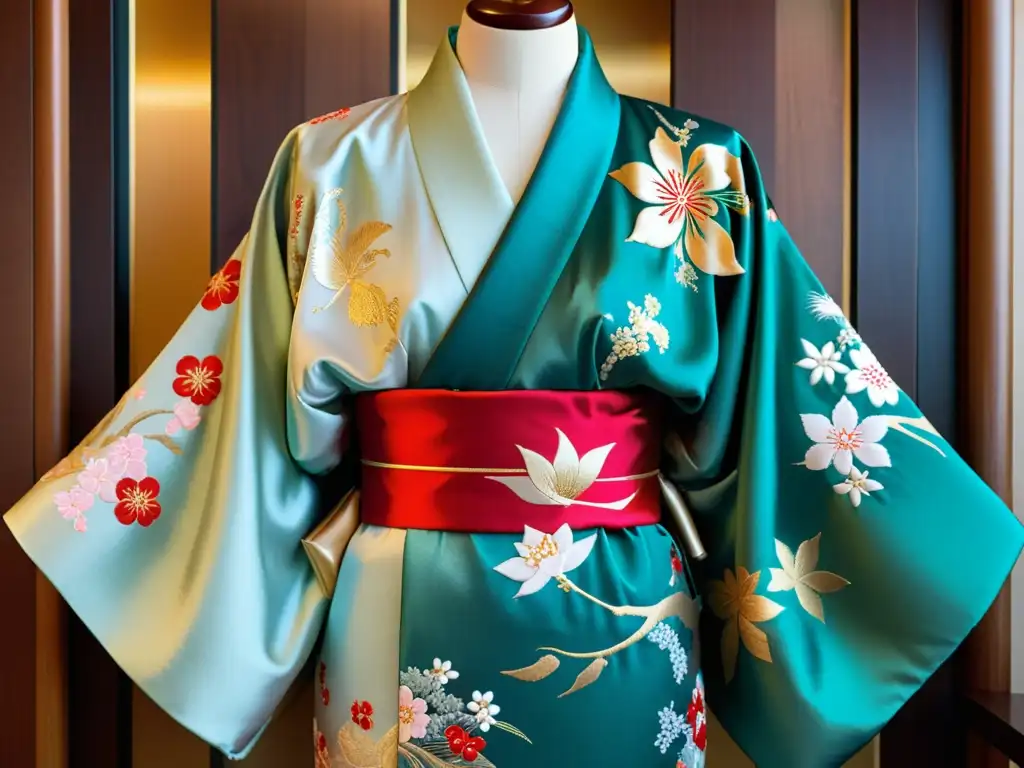 Un kimono japonés con patrones artísticos en celebración Seijinnohi, bordados delicados y colores vibrantes, evocando tradición y elegancia