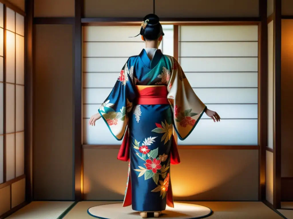 Un kimono japonés tradicional exhibido en un museo con patrones icónicos de la moda japonesa, resaltando su artesanía y ambiente vintage