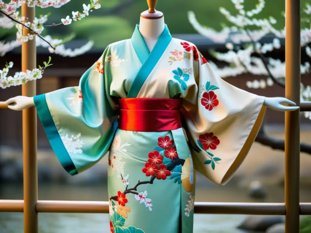 Un kimono japonés tradicional en maniquí, con intrincados patrones y colores vibrantes, evocando la historia del kimono japonés y su belleza atemporal