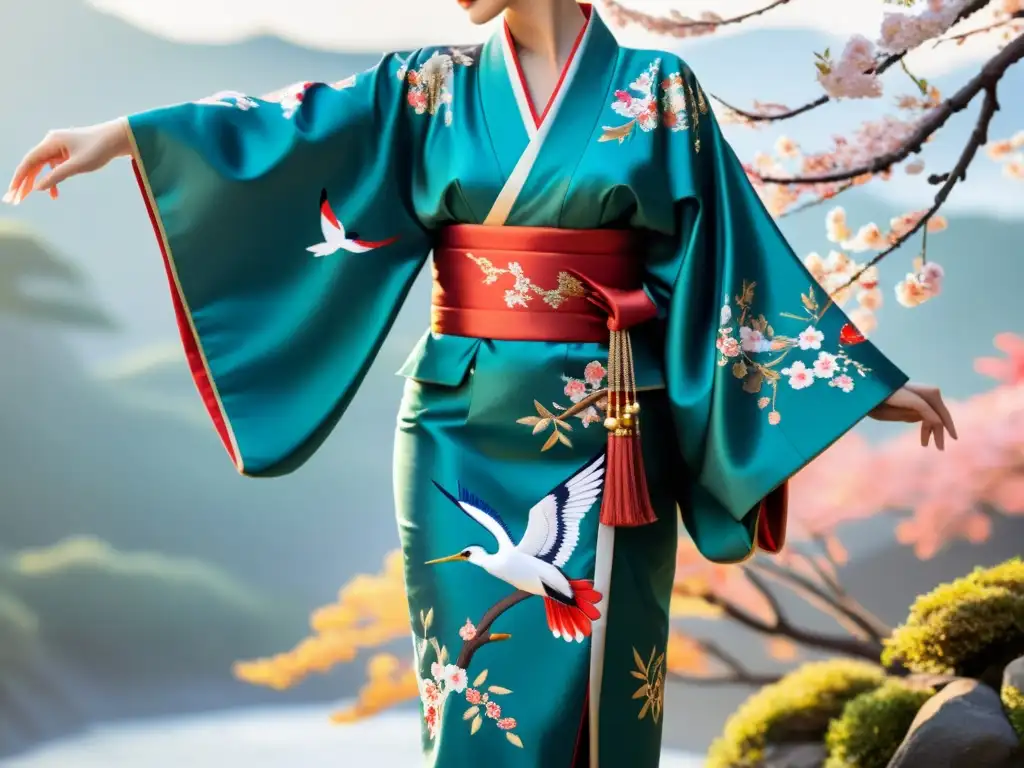 Kimono japonés: belleza y artesanía en colores vibrantes Un kimono japonés tradicional con patrones de cerezos, ríos y grullas, en colores vibrantes