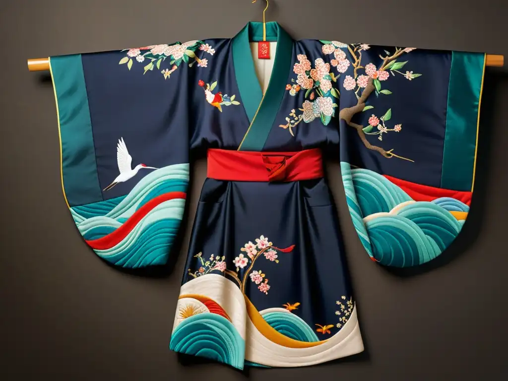 Kimono japonés tradicional con patrones artísticos en celebración Seijinnohi: bordados de flores de cerezo, grullas y olas, sobre fondo oscuro