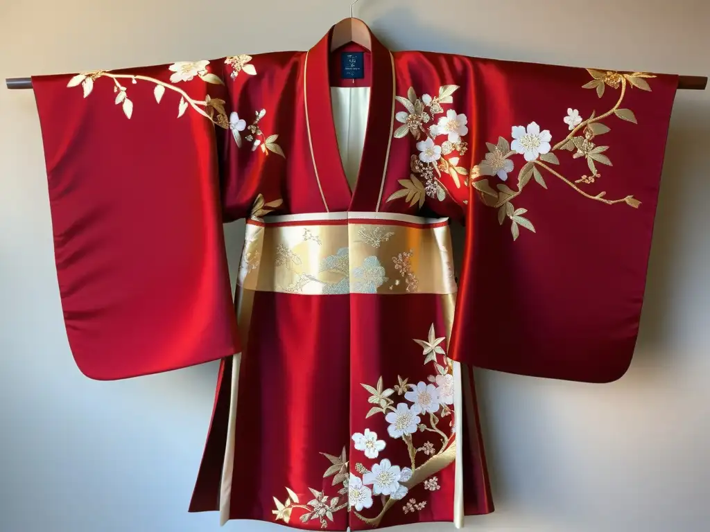 Un kimono japonés vintage con patrones orientales de lujo en rojo y dorado, evocando elegancia atemporal