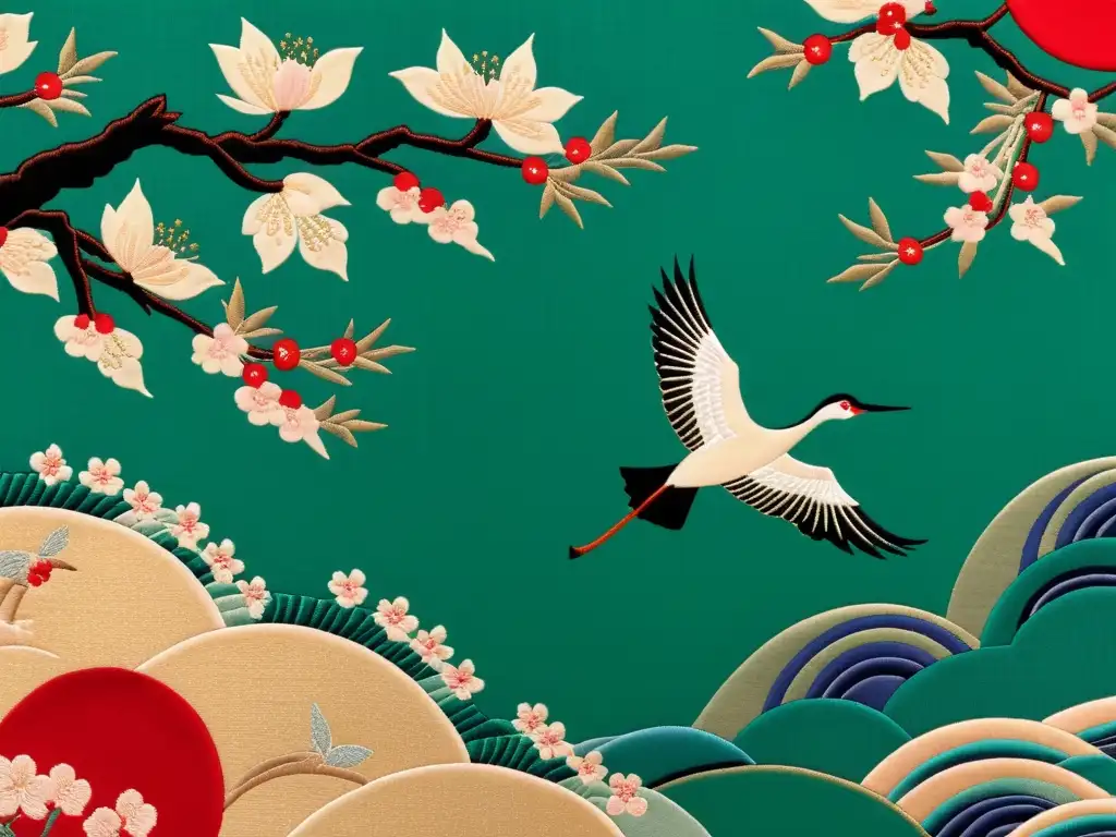 Kimono japonés vintage con motivos vibrantes y simbolismo cultural Un kimono japonés vintage con patrones intrincados en colores vibrantes, representando cerezos, grullas y agua