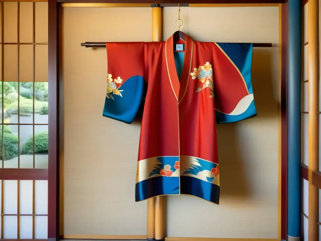 Un kimono japonés vintage de seda cuelga sobre un biombo de bambú, con patrones florales y de aves en rojos, azules y dorados