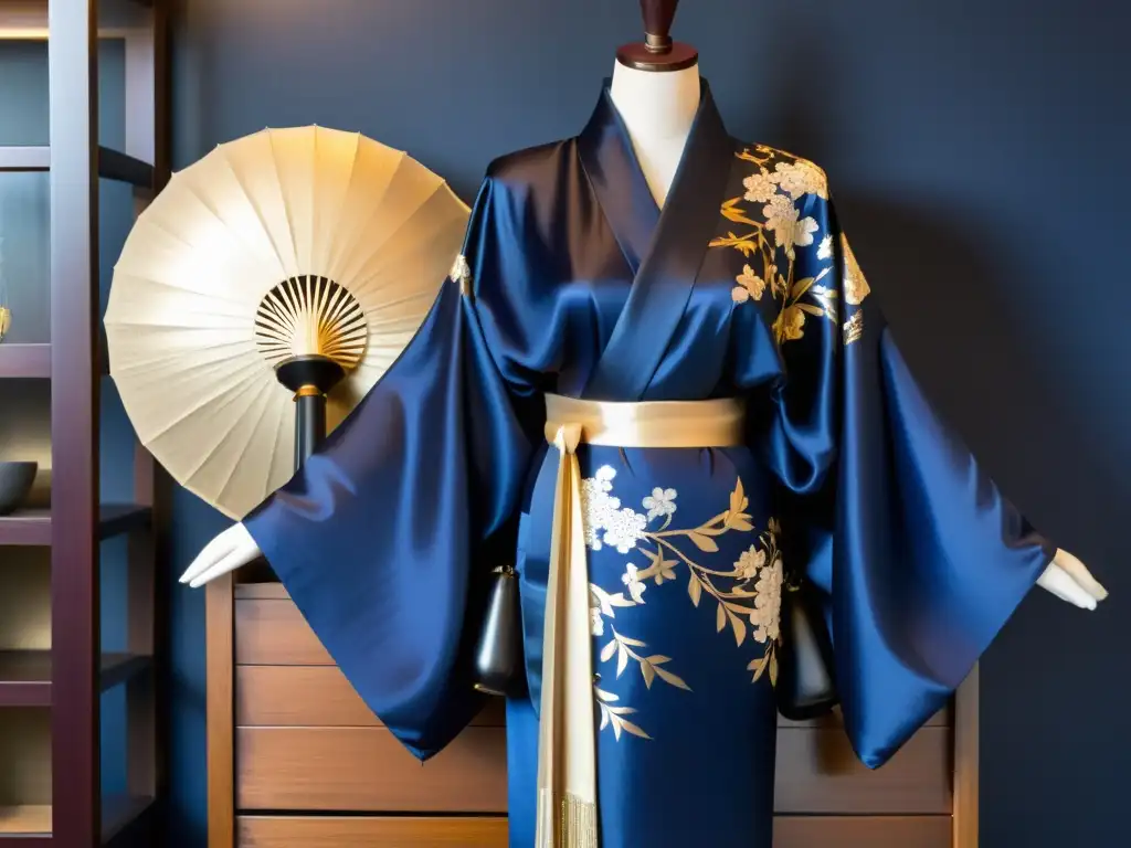 Un kimono de seda vintage sobre un cofre japonés lacado, con influencia de patrones asiáticos en la decoración premium